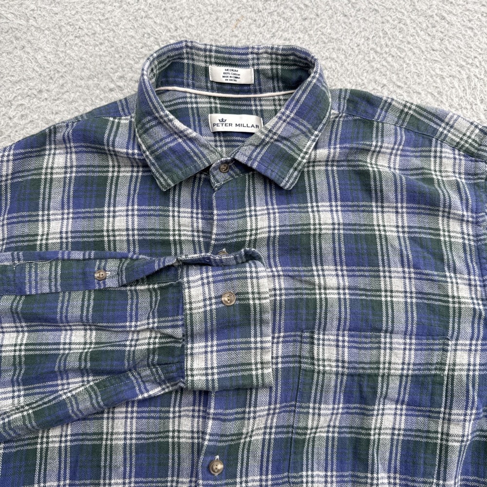 Peter Millar Flannel Shirt Mens Medium Blue Green Plaid Crown Sport MF18W70
